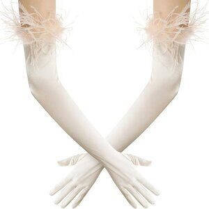 Women's Evening Cream Feather Long Satin Gloves Stretchy Elbow Halloween Costume
